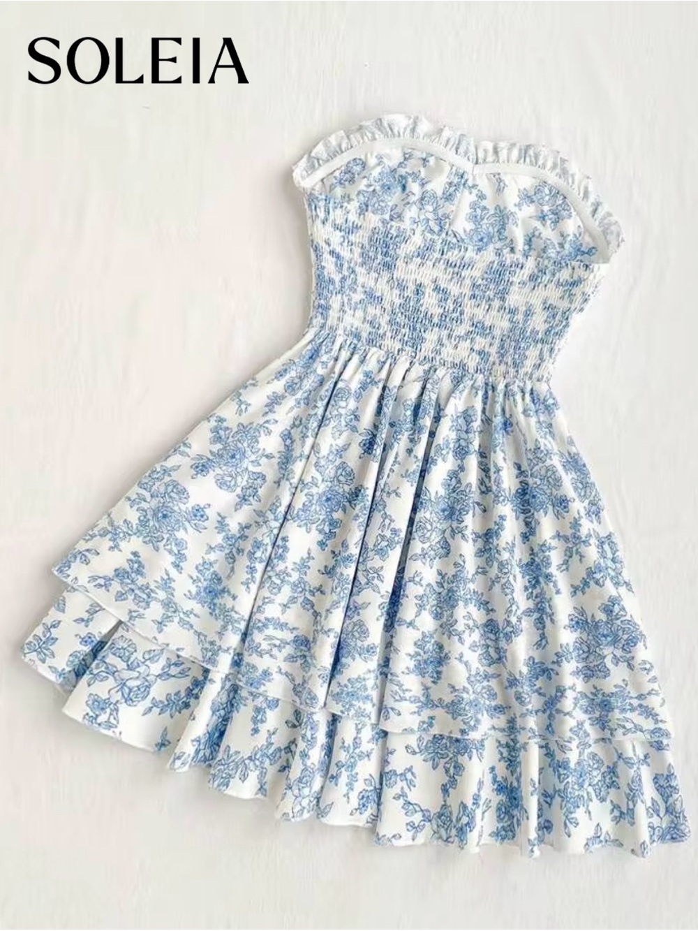 White Ditsy Floral Strapless Dress With Cinched Waist And Double Layer Dress - Picture 9 of 12